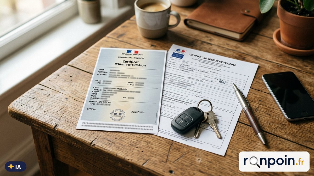 Image générée par intelligence artificielle Documents de vente d'une voiture d'occasion, clés et smartphone posés sur un bureau — illustration générée par IA