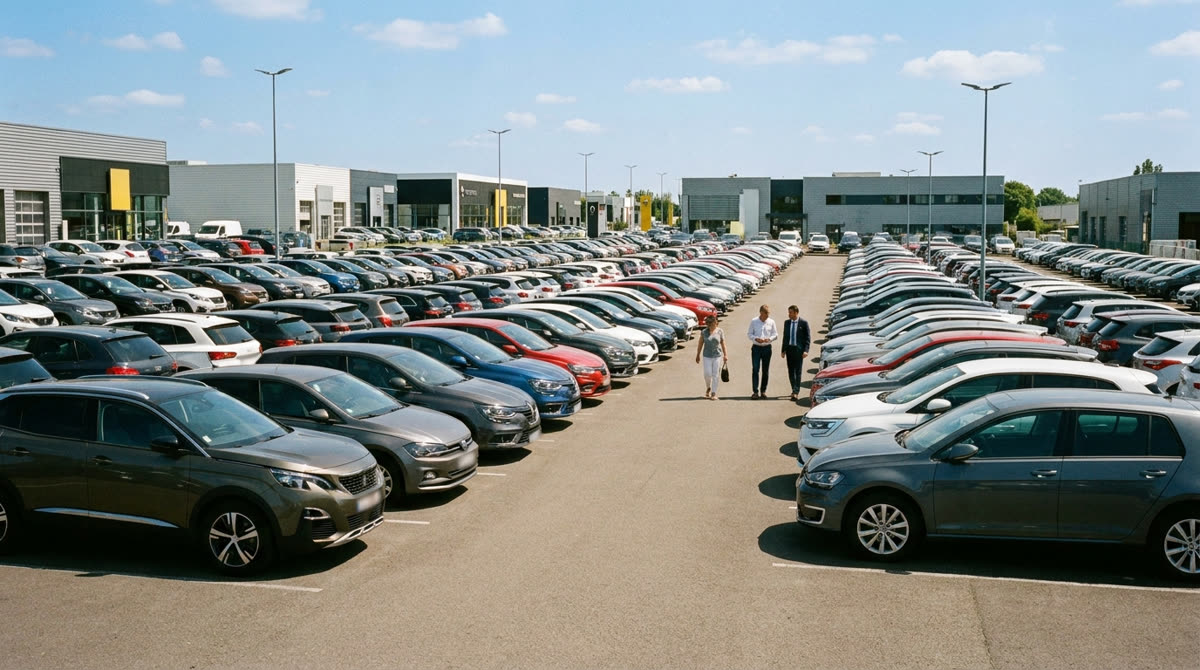 Vaste parc de véhicules d'occasion récents alignés chez un distributeur automobile