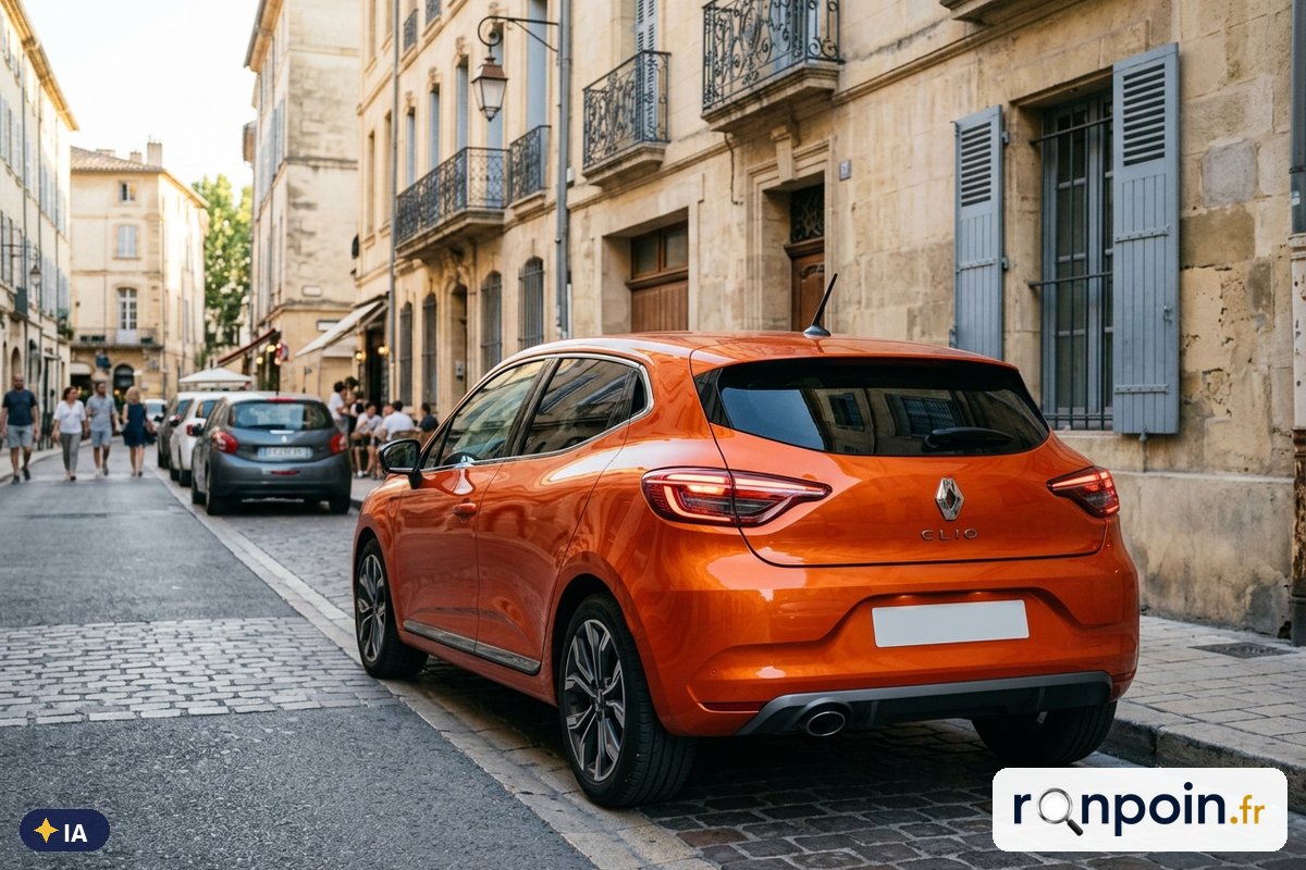 Renault Clio V orange de trois quarts arrière — illustration générée par IA