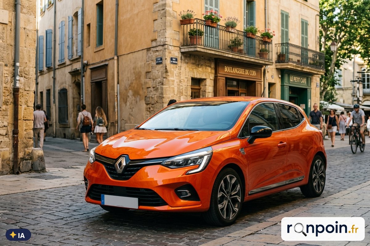 Image générée par intelligence artificielle Renault Clio V orange de trois quarts avant — illustration générée par IA
