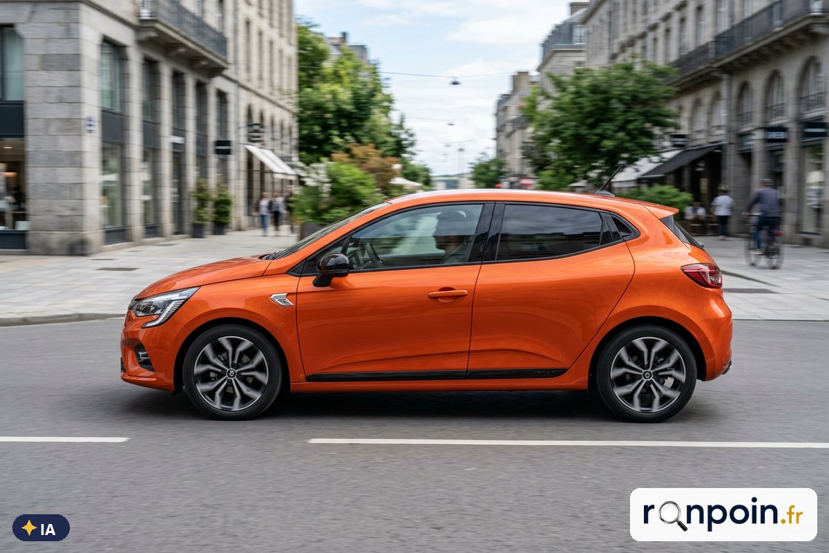 Renault Clio V orange de profil — illustration générée par IA