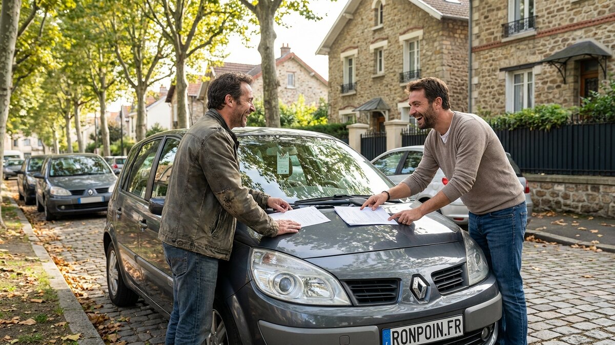 Acheteur et vendeur discutant du prix d'une voiture d'occasion
